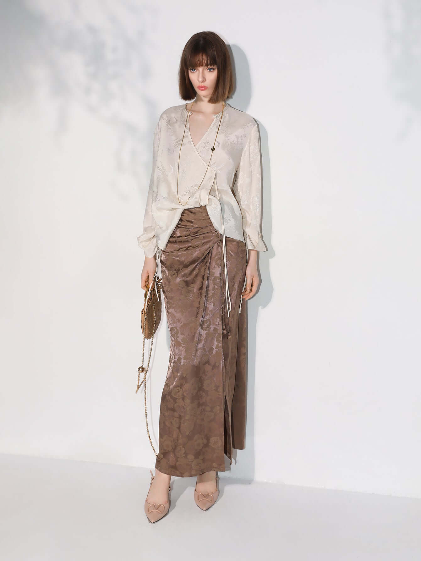 Luxurious Jacquard Draping Brown Silk Satin Skirt-2
