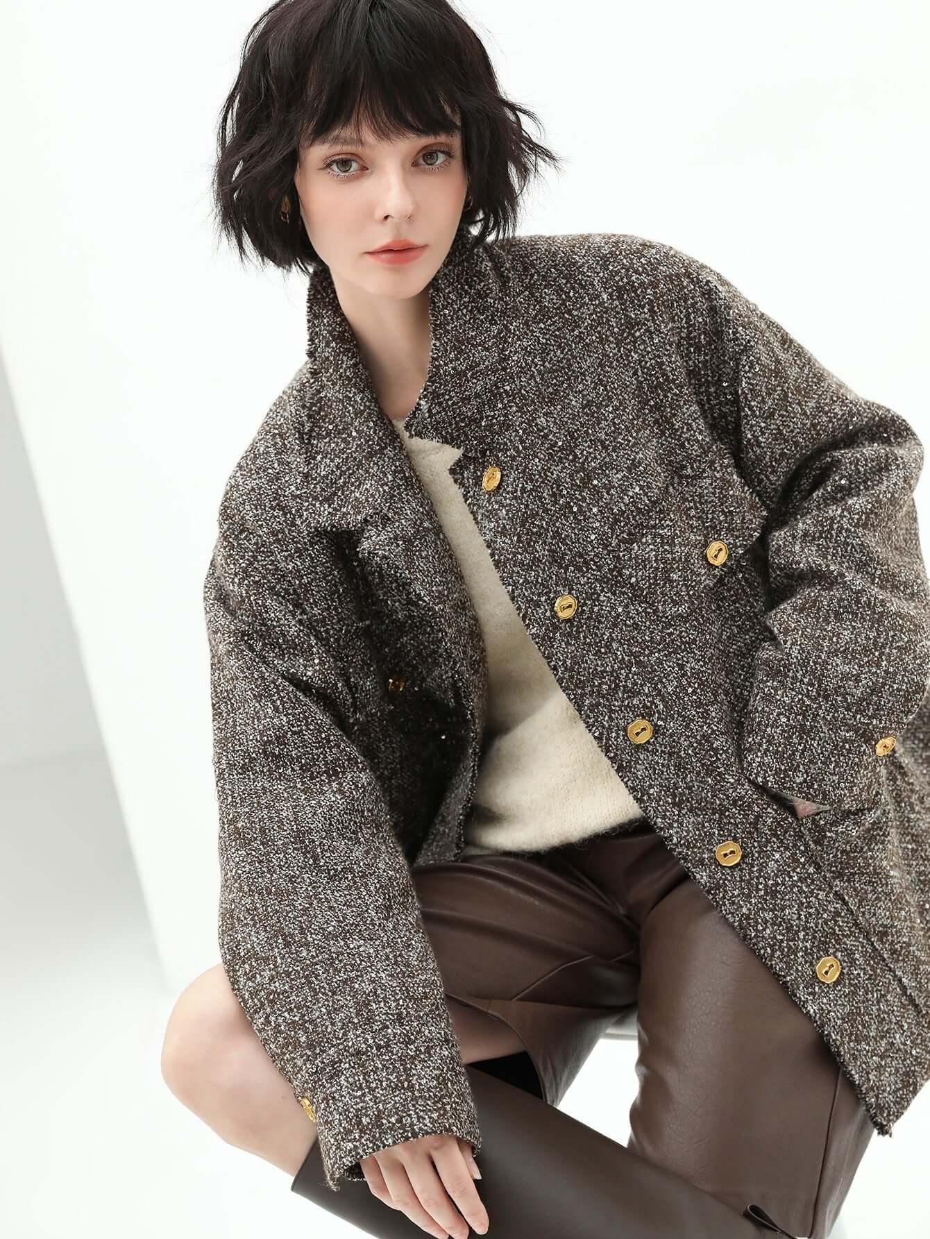 Luxurious Sequin-Knit Wool Coat in Mocha-1