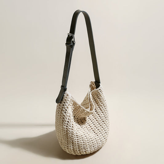 Medium White Beach Tote Bag with Blue Leather Straps-1