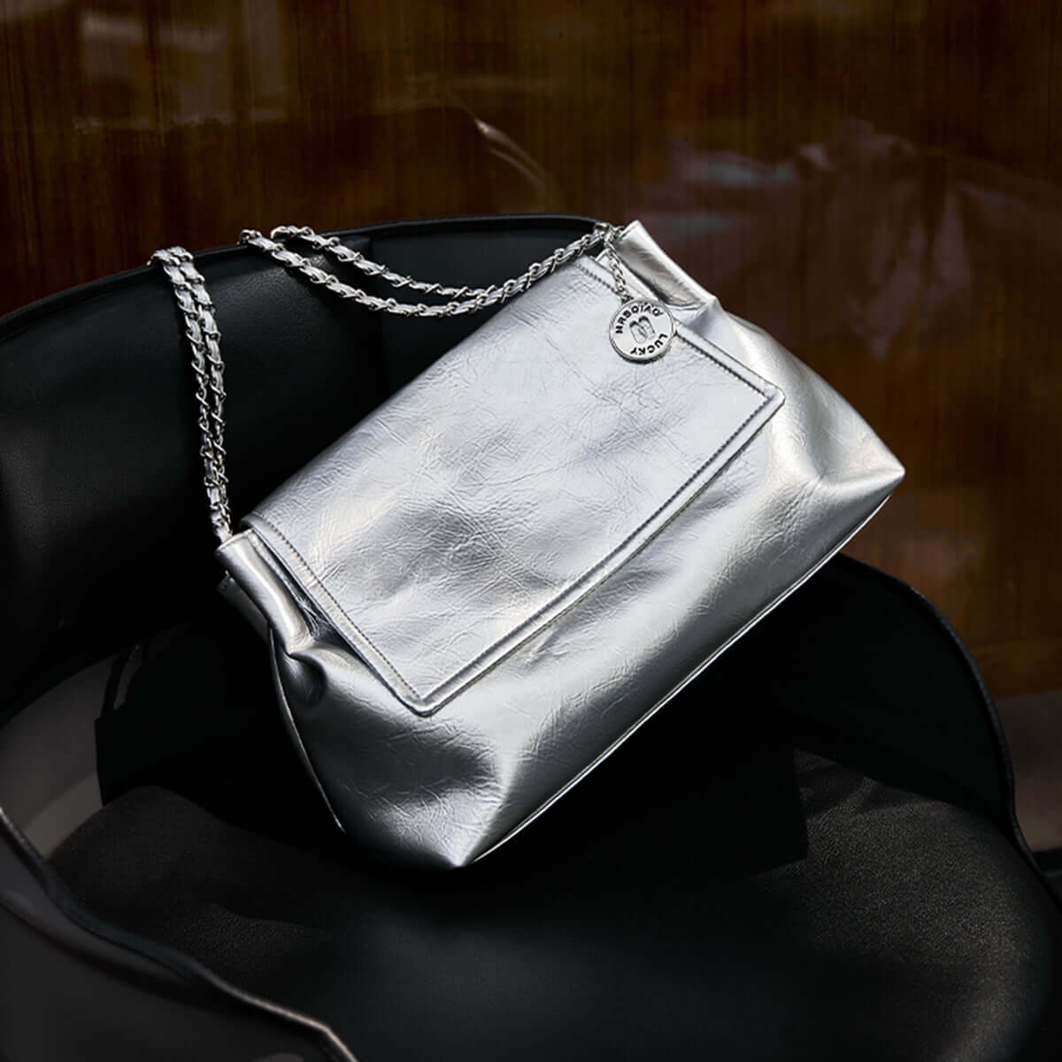 Metallic Leather Chain Strapped Shoulder Bag-2