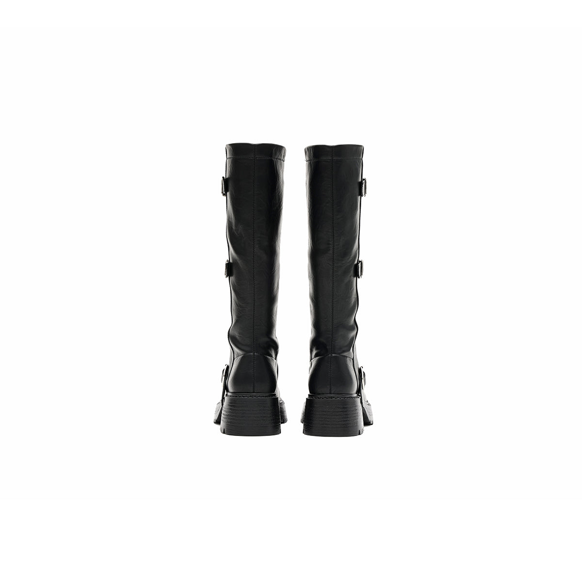 Mid-Calf Leather Boots with Buckles-2