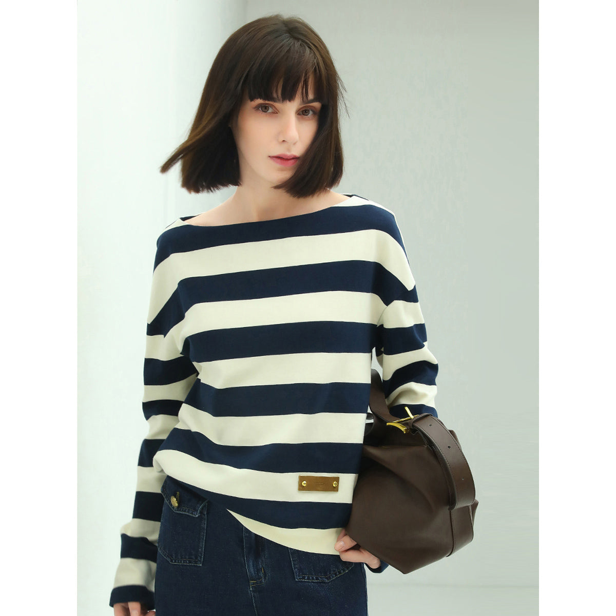 Nautical Boat Neck Long Sleeved Striped Knitted Tee-0