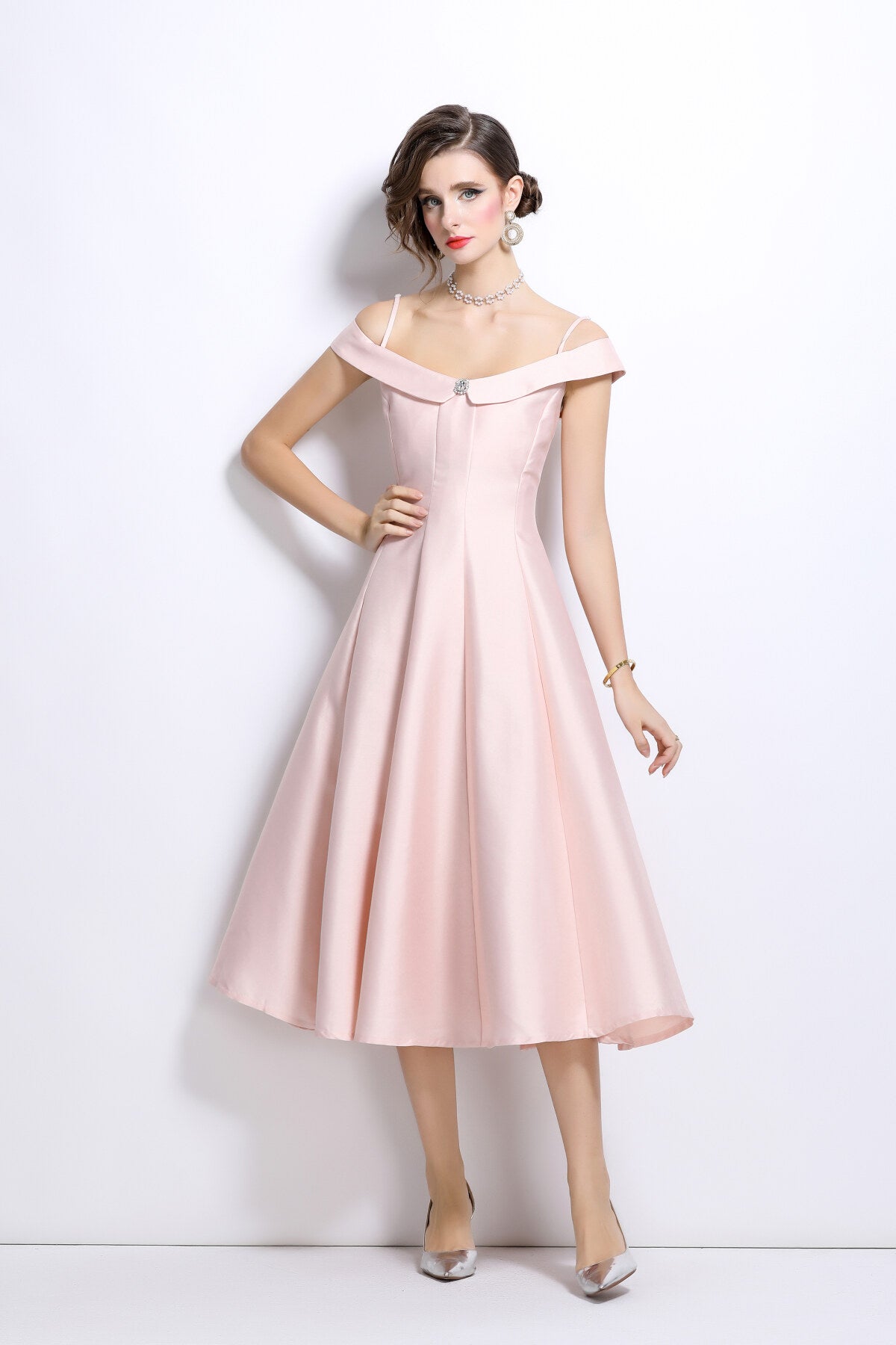 Off Shoulder Sweetheart Neckline Calf Length Dress-5
