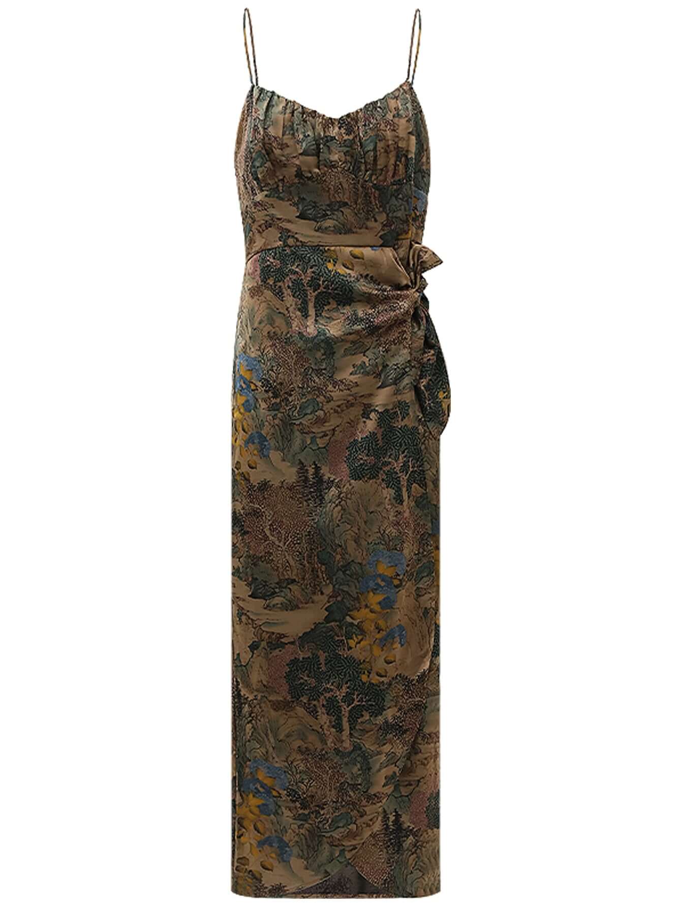 Oriental Gold Ruched Satin Print Slip Dress-3