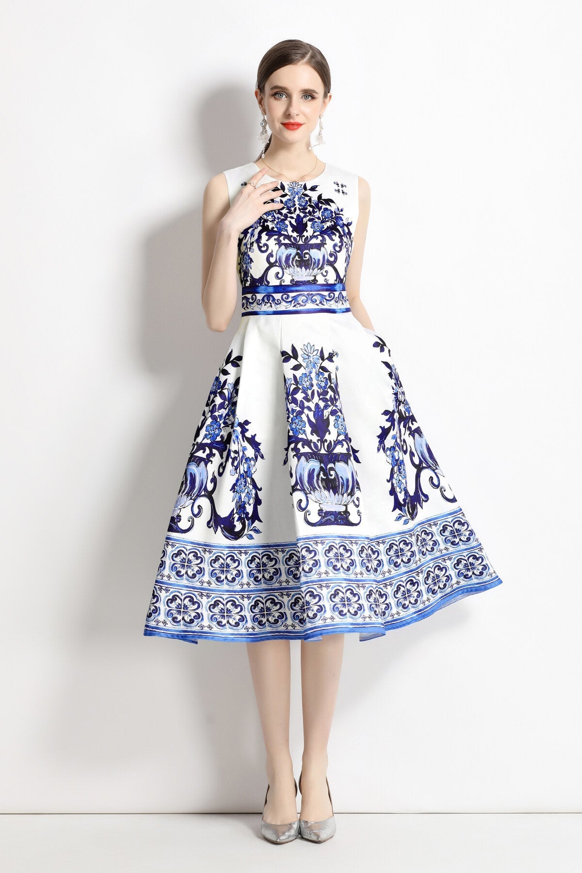 Oriental Printed Slim Fit Midi Dress-1