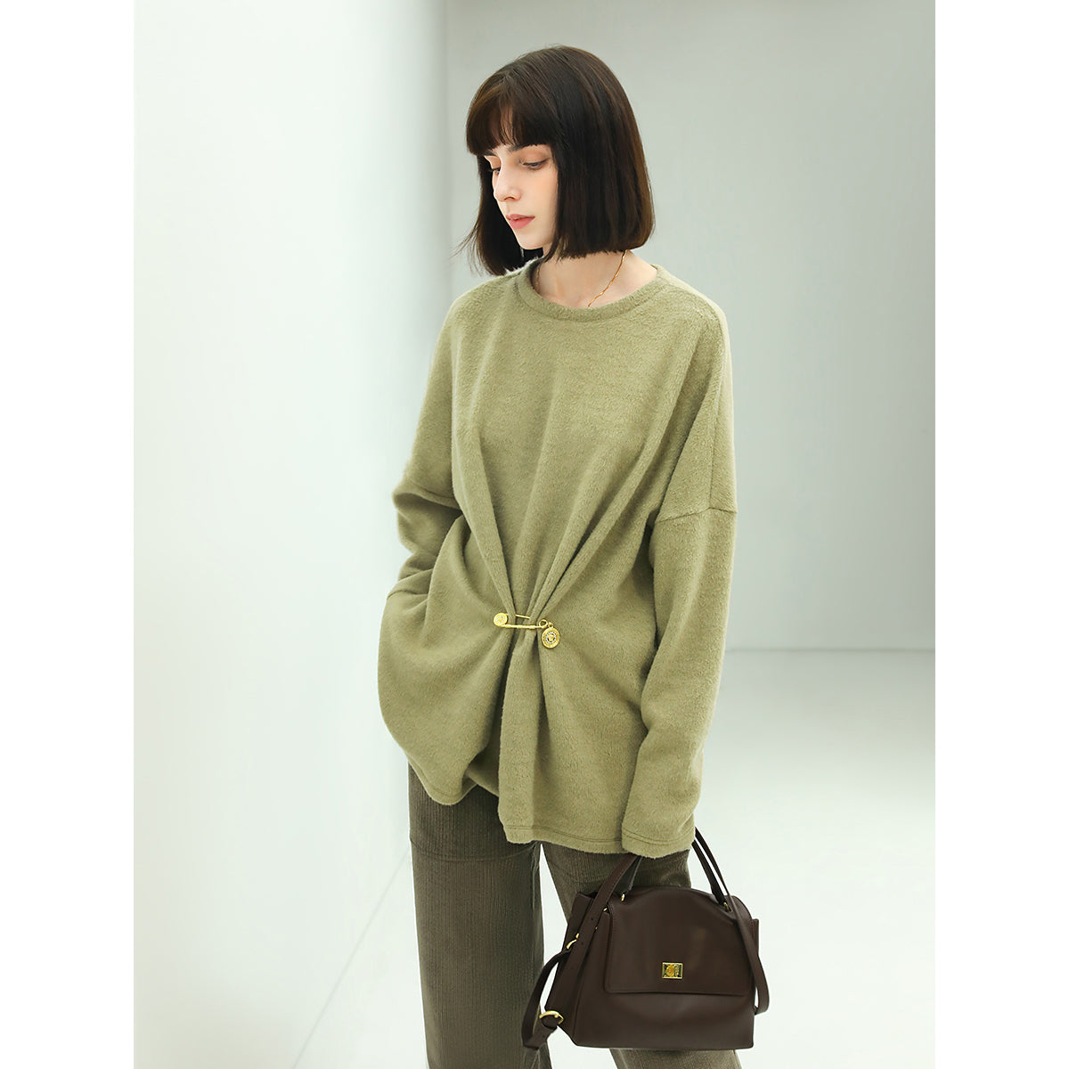 Oversized Green Fleece Knit with a Stylish Cinched Brooch Pin-2