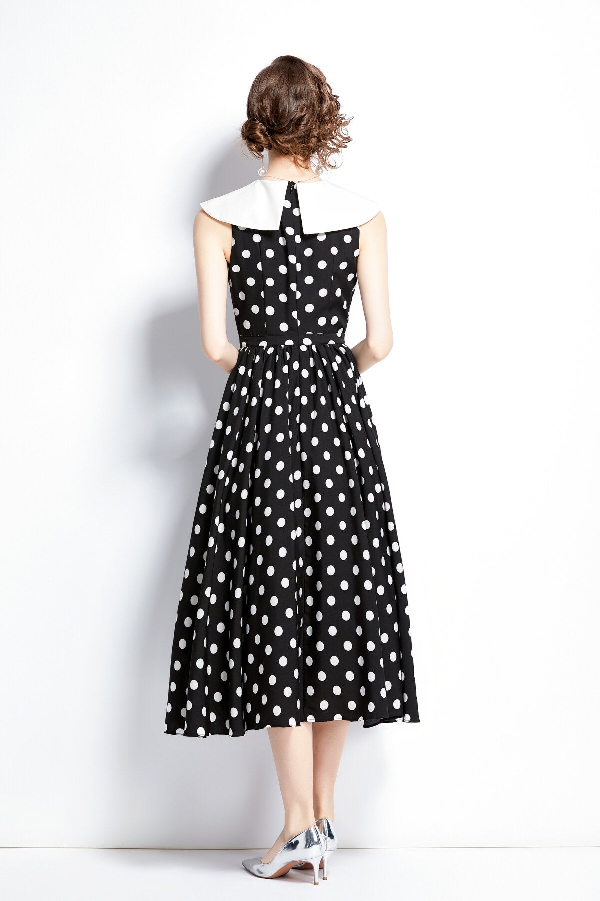 Peter Pan Collar Vintage Polka Dot Midi Dress-3