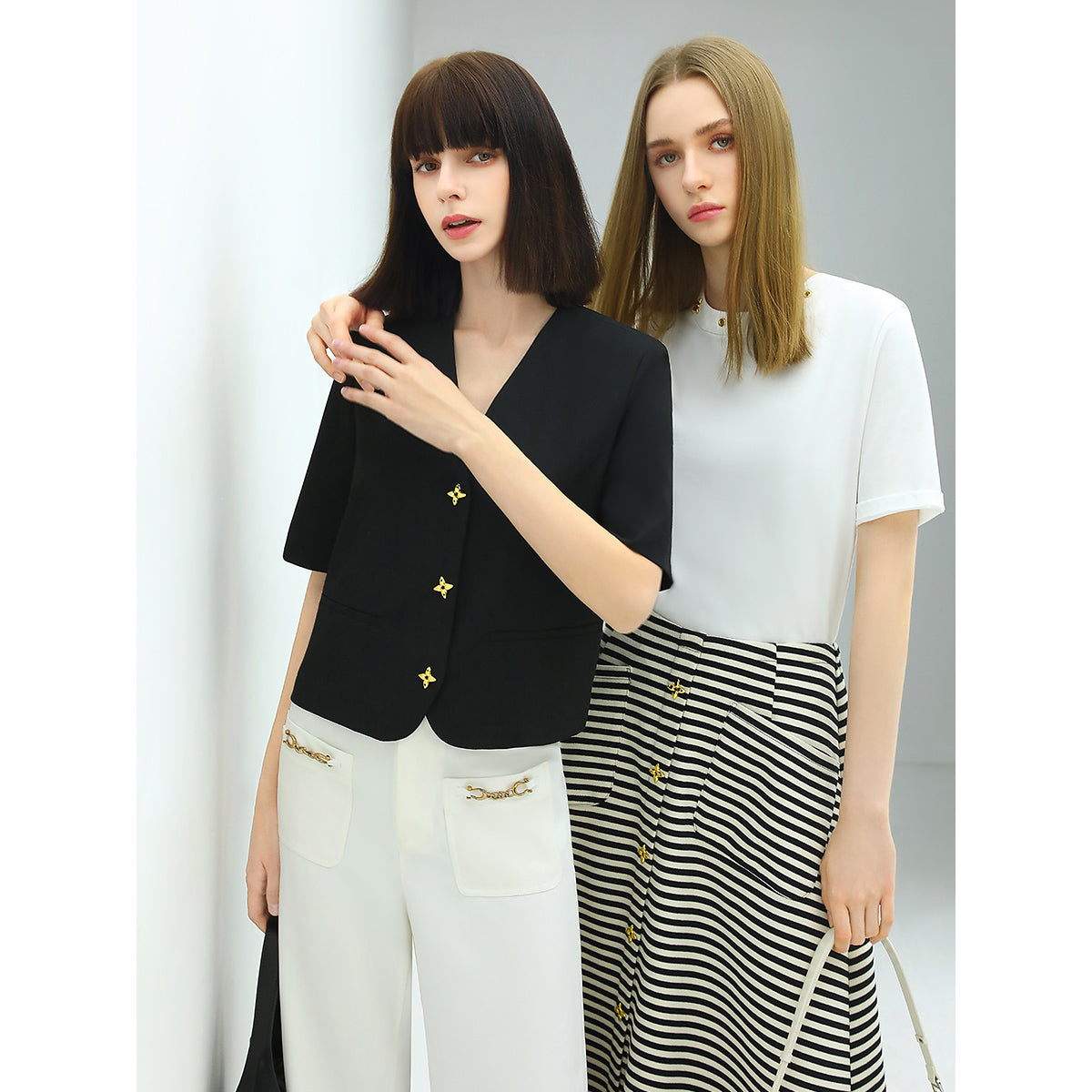 Petite Cropped Black Blazer with Gold Button Embellishments-1