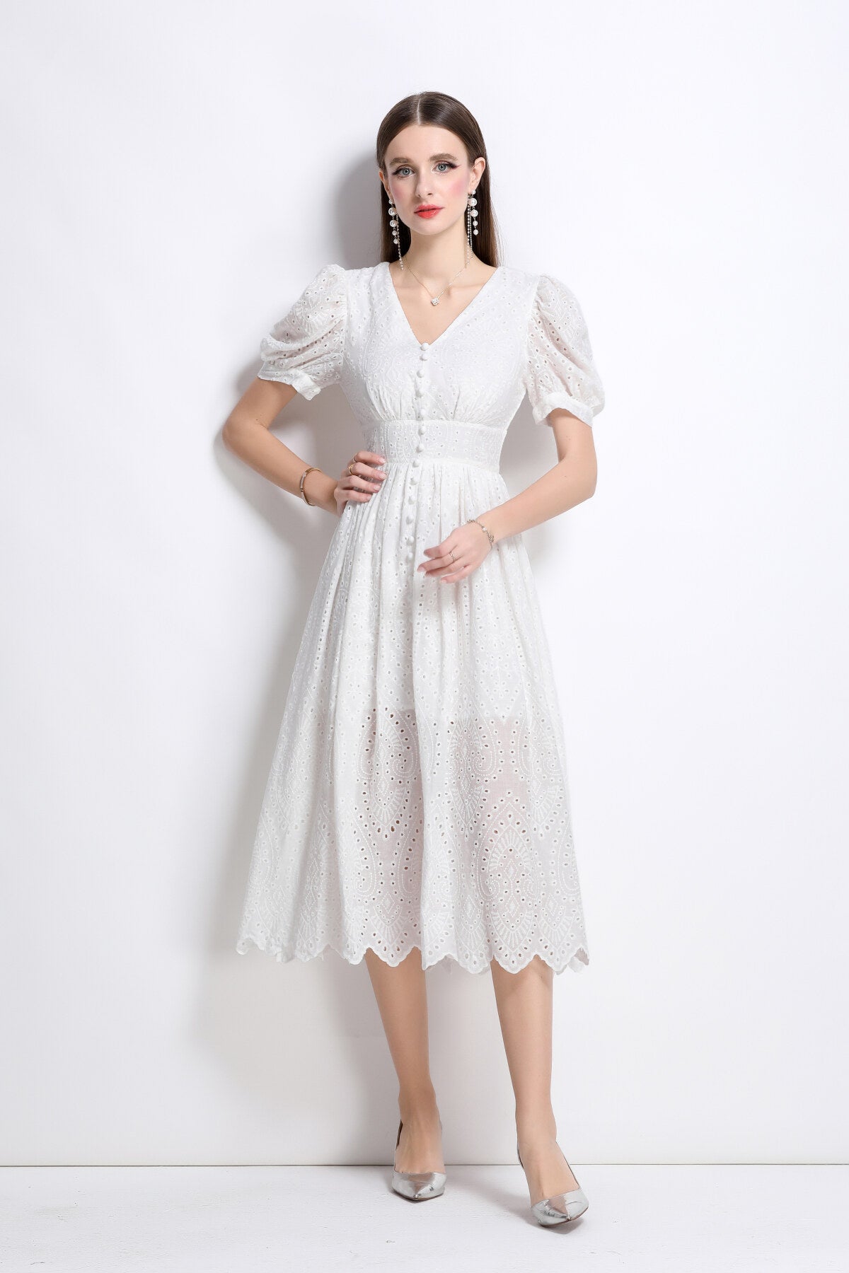 Plunging Neckline Lantern Sleeve Flowy White Maxi Dress-2