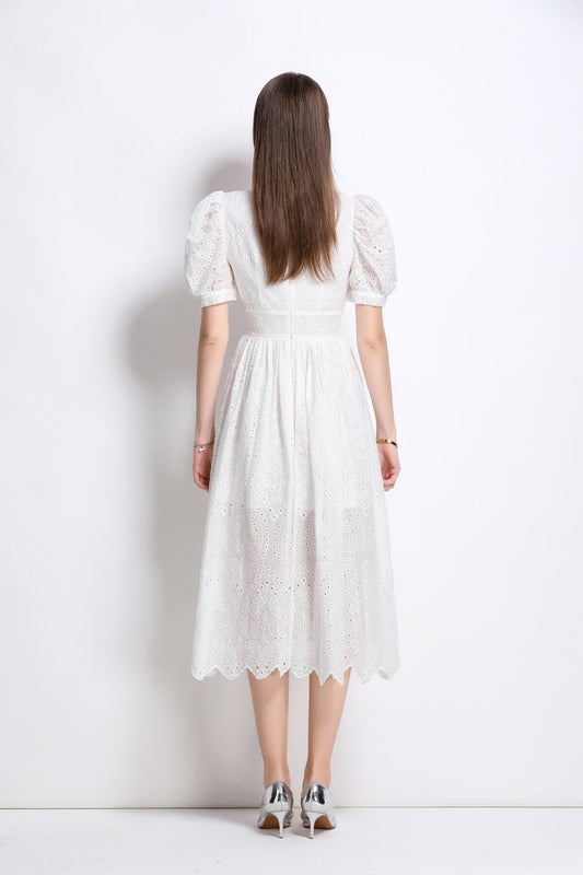 Plunging Neckline Lantern Sleeve Flowy White Maxi Dress-3