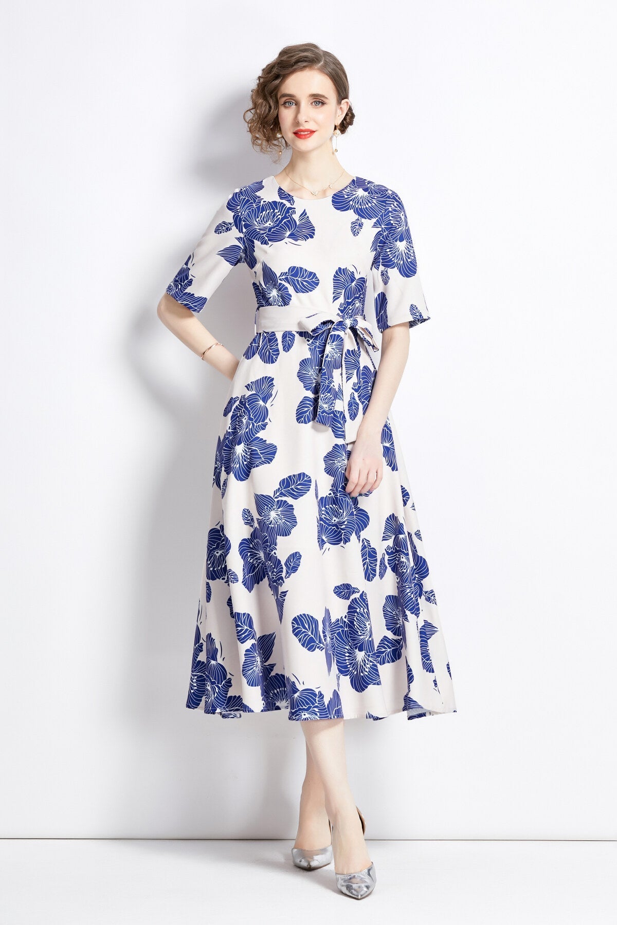 Porcelain Blue Vintage Print Waist Cinching Midi Dress-0