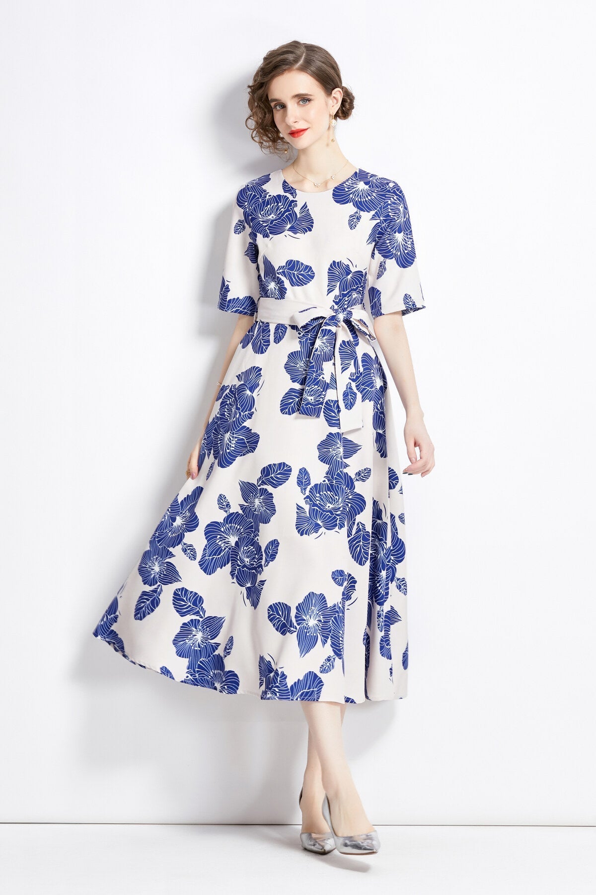 Porcelain Blue Vintage Print Waist Cinching Midi Dress-2