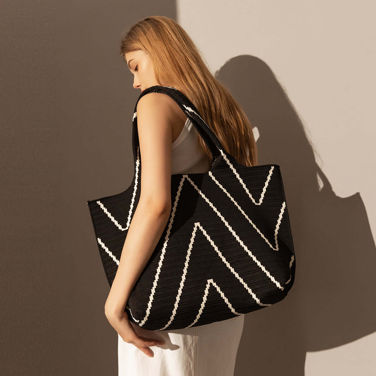 Retro Chevron Black Canvas Tote Bag-4