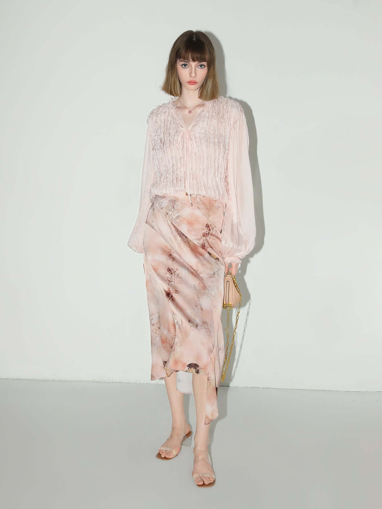 Romantic Soft Pink Blouse with Bubble Sleeves-1