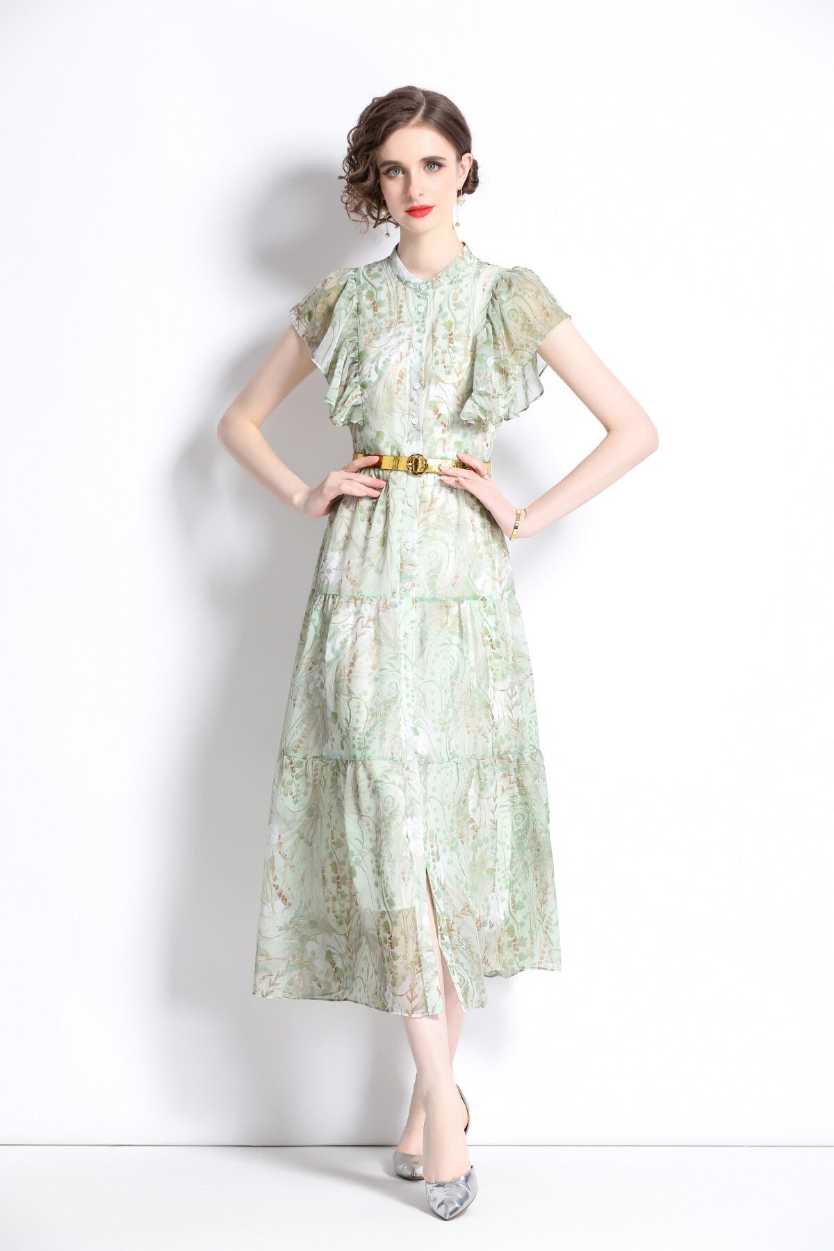 Ruffled Short Sleeve Belted Mint Green Midi Dress-0