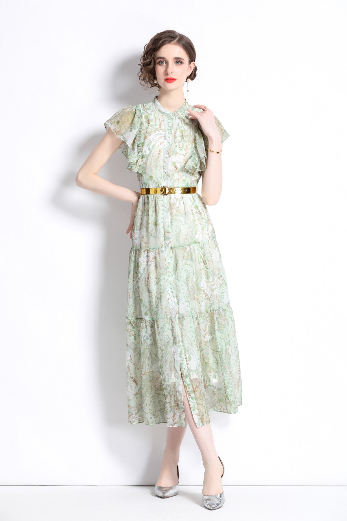 Ruffled Short Sleeve Belted Mint Green Midi Dress-2