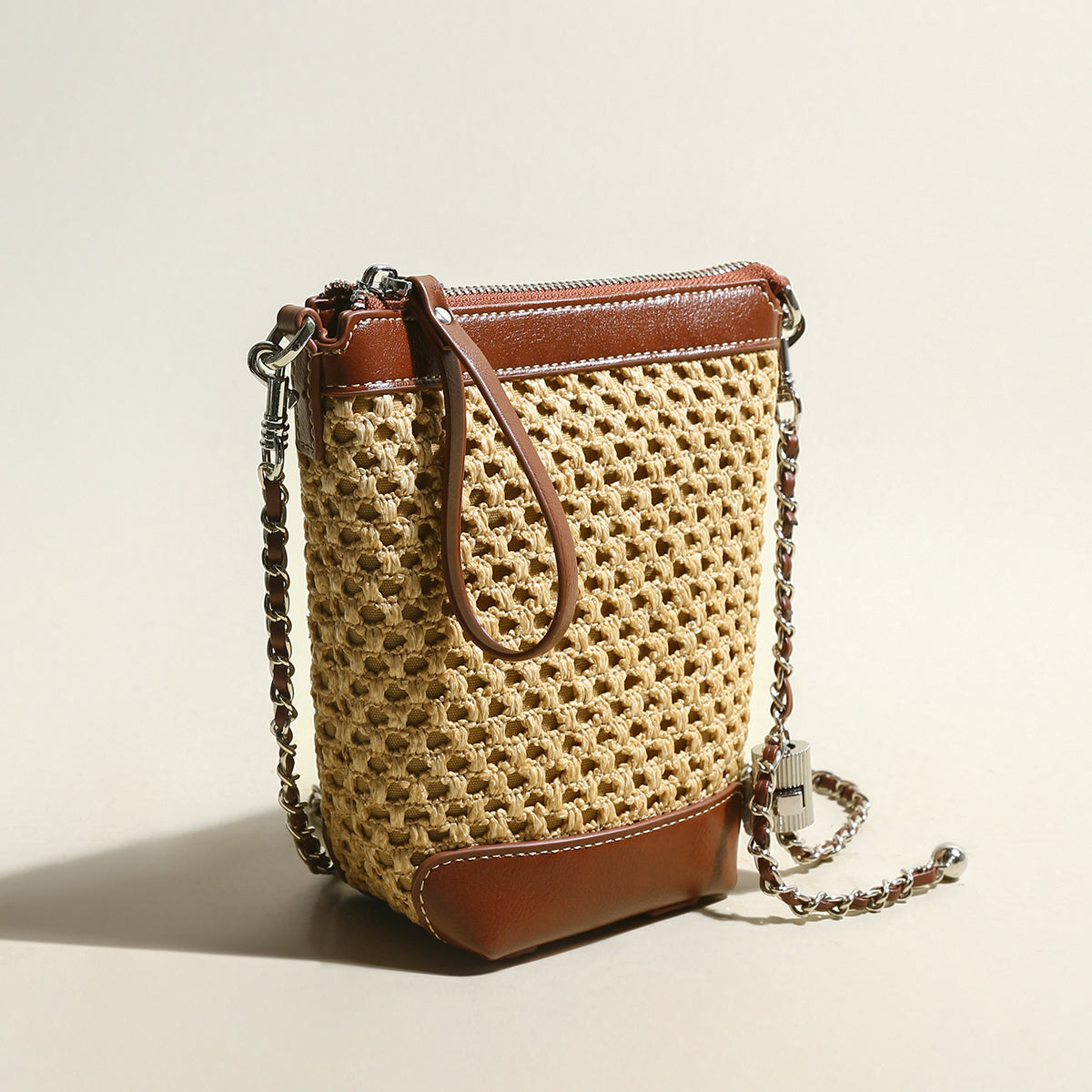 Rustic Rattan Brown Bucket Bag-1