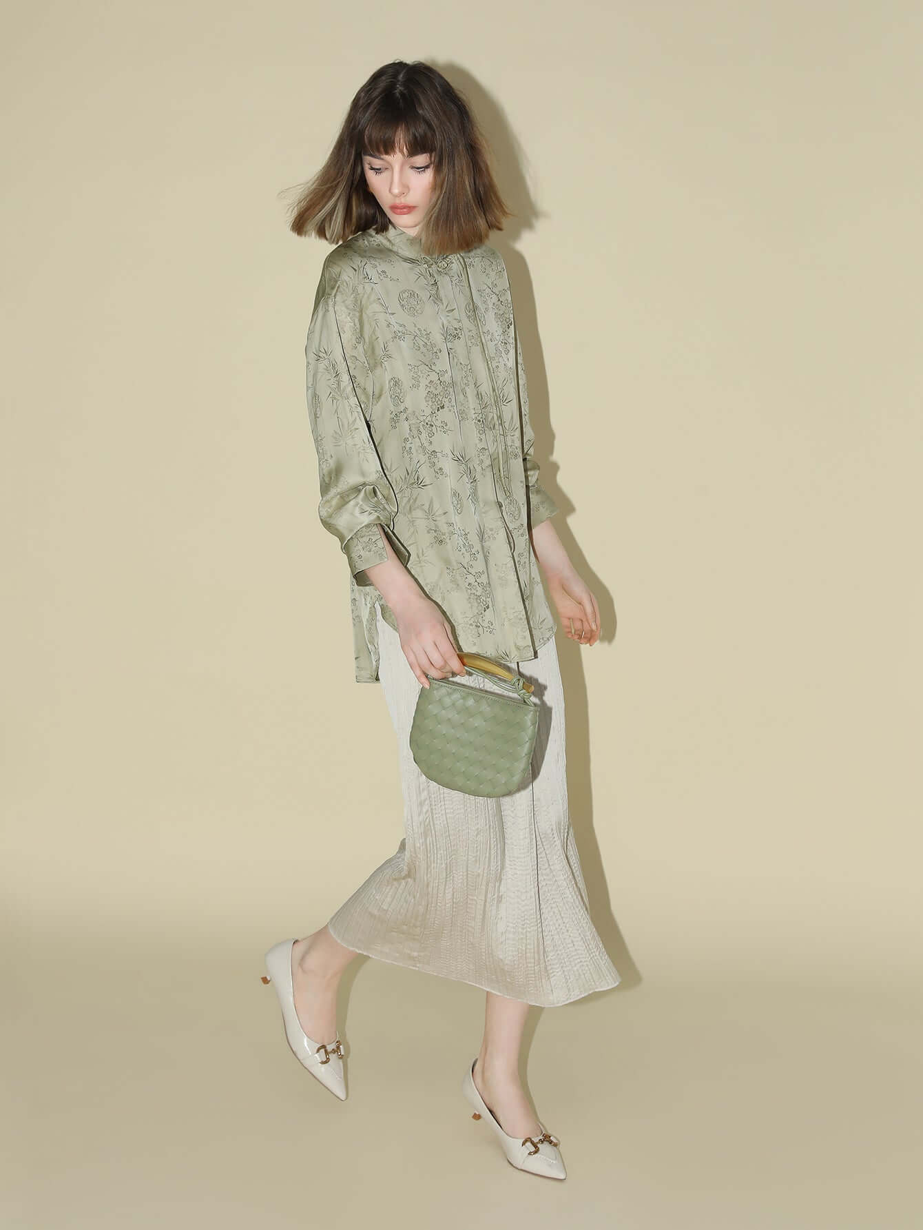 Satin Champagne Pleated Flowing A-Line Skirt-0