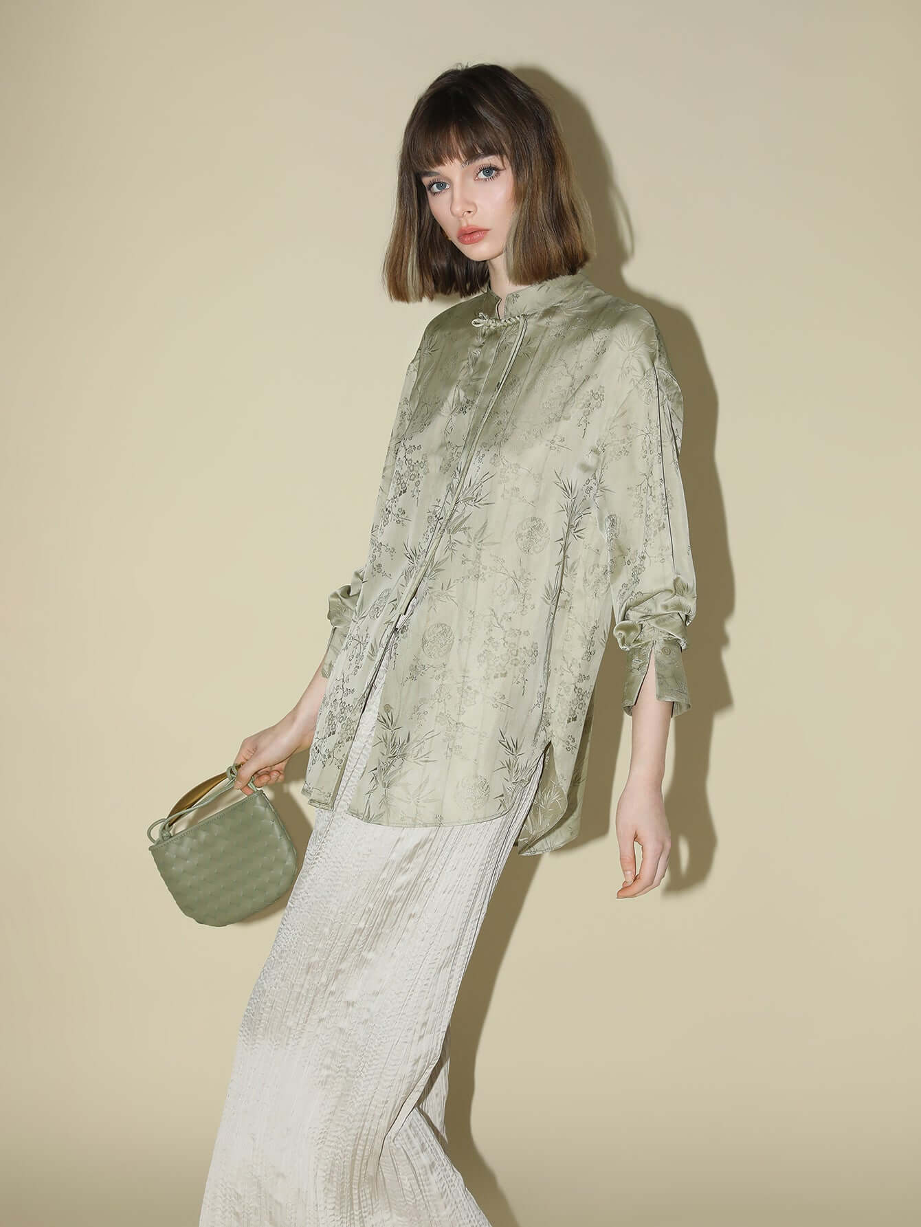 Satin Champagne Pleated Flowing A-Line Skirt-1