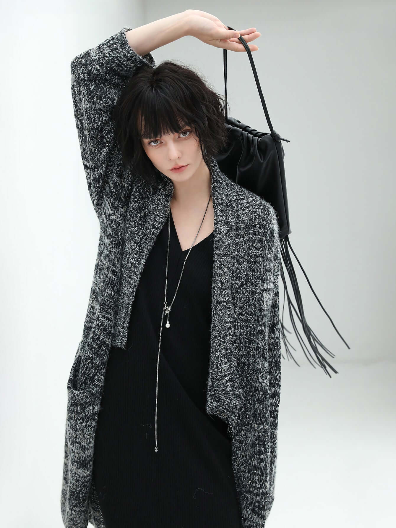 Shawl Collar Long Knitted Cardigan in Charcoal-2