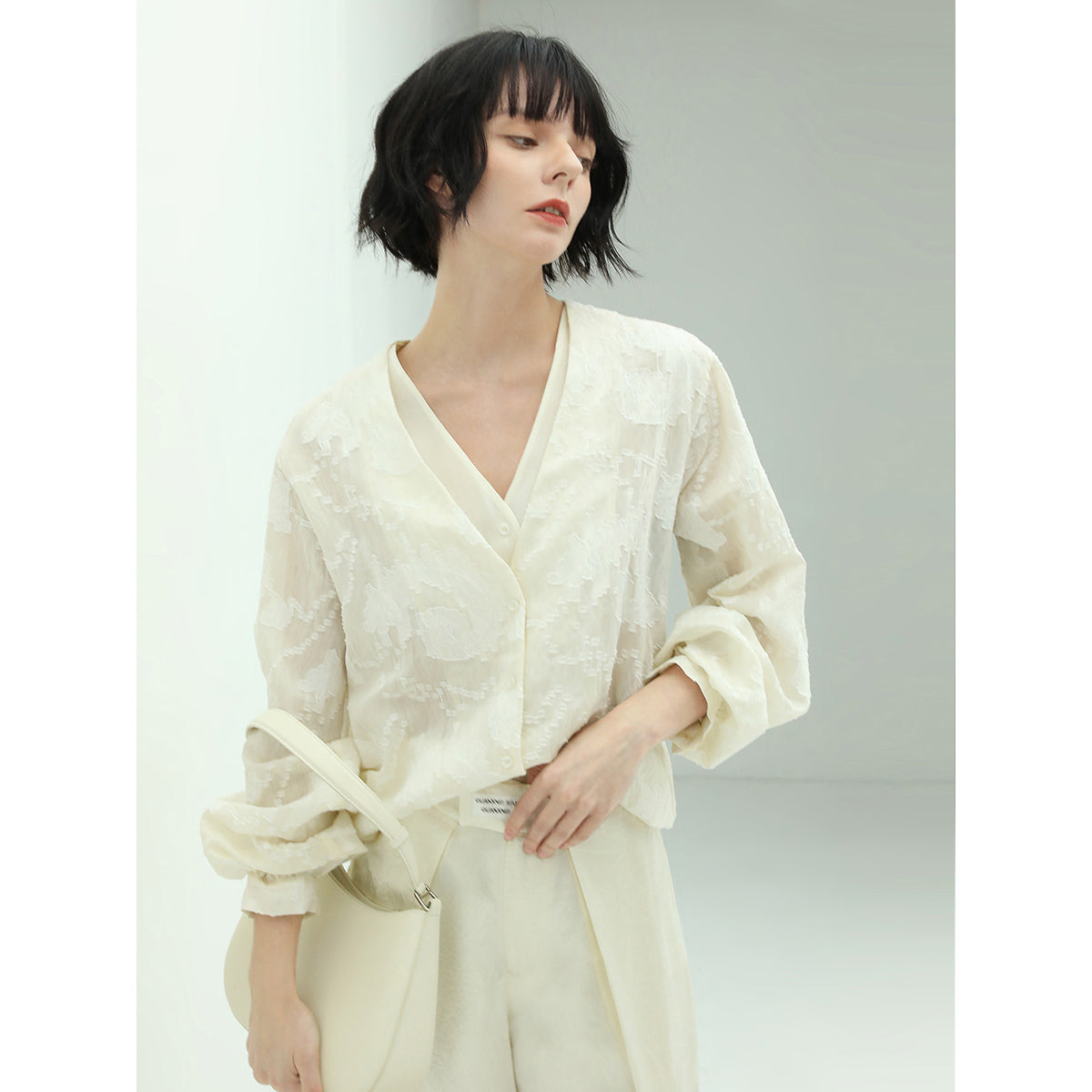 Sheer Floral Ivory Lace Long Sleeve Shirt-2