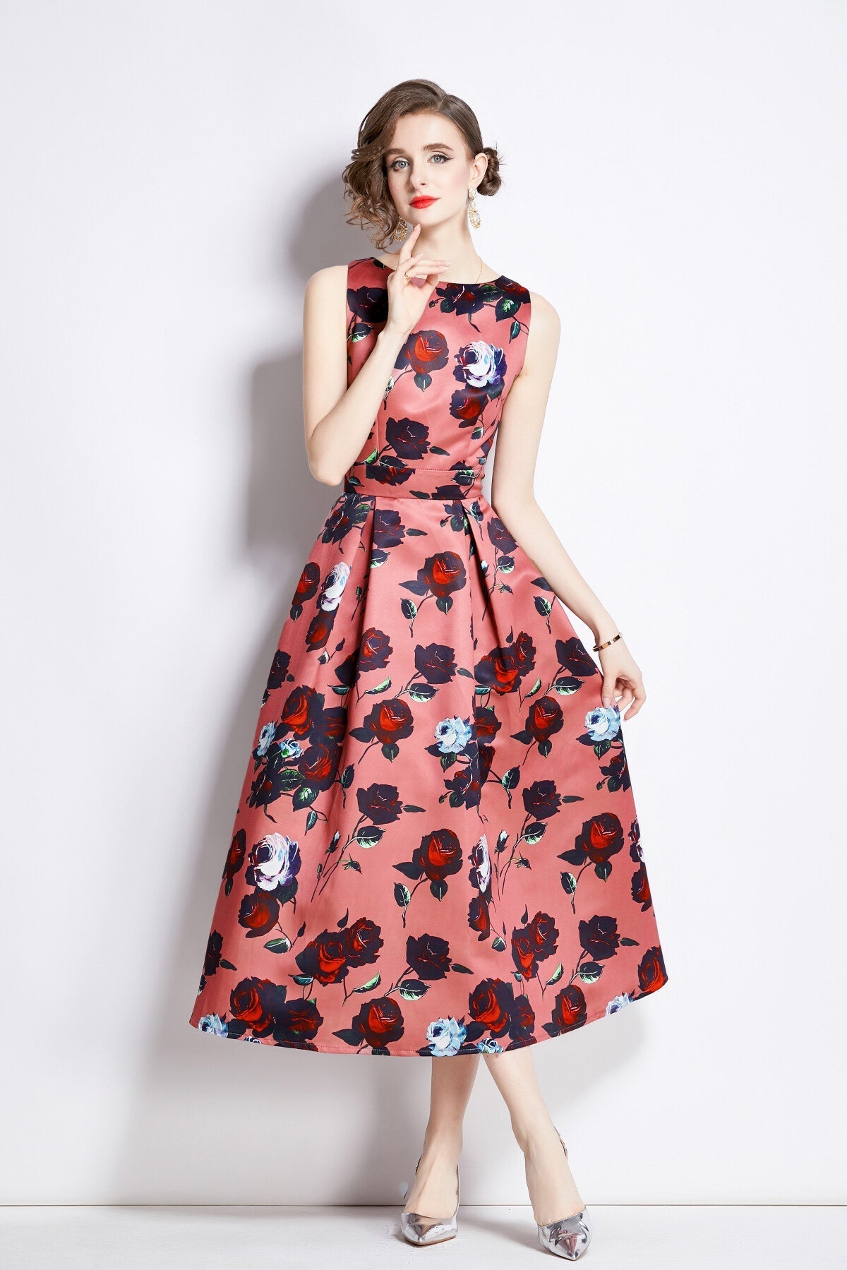 Sleeveless High Waisted Structured Cut A Line Dress-2