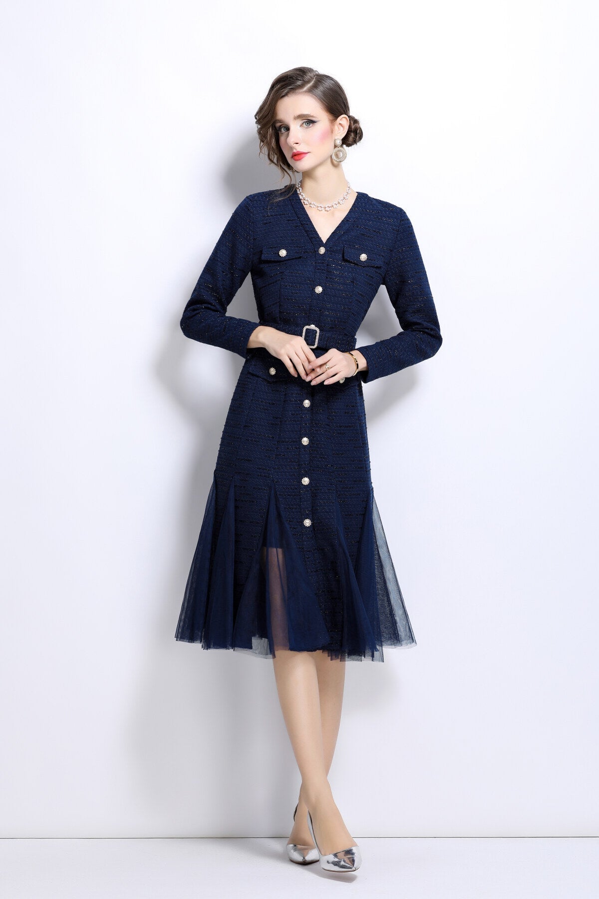 Slim Fit Long Sleeve Buckle Waist Mermaid Dress-4