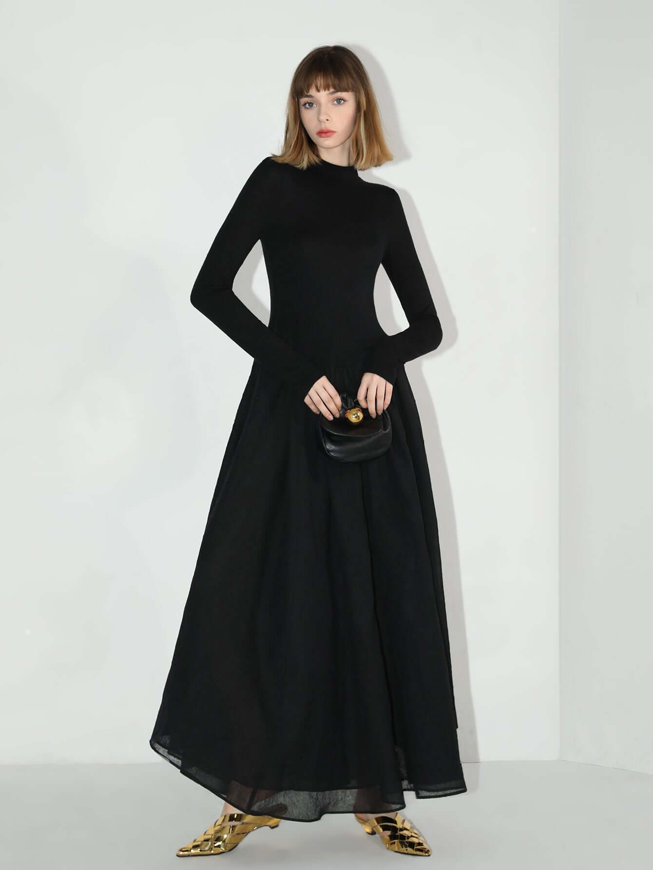 Solid Black Pleated Maxi Dress-0