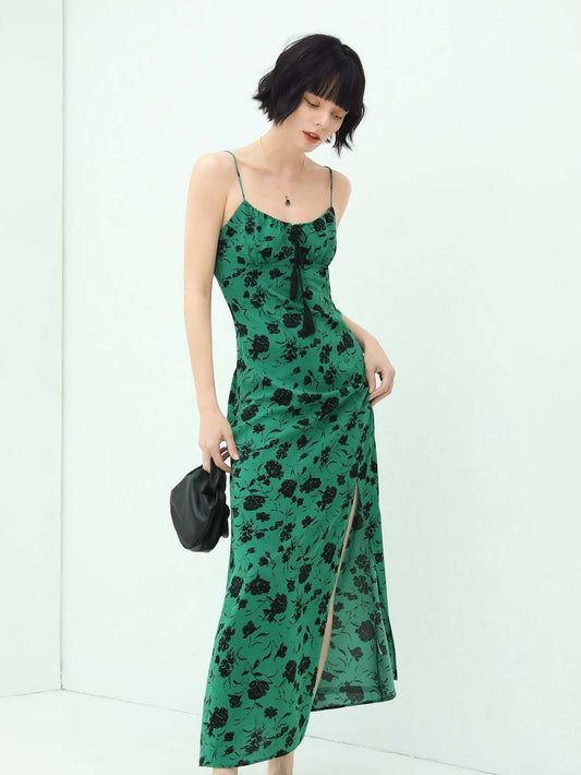 Spaghetti Strap Floral Green Maxi Dress with Side Slit-0