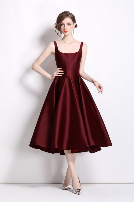 Spaghetti Strap Waist Cinching Maroon Cocktail Dress-0