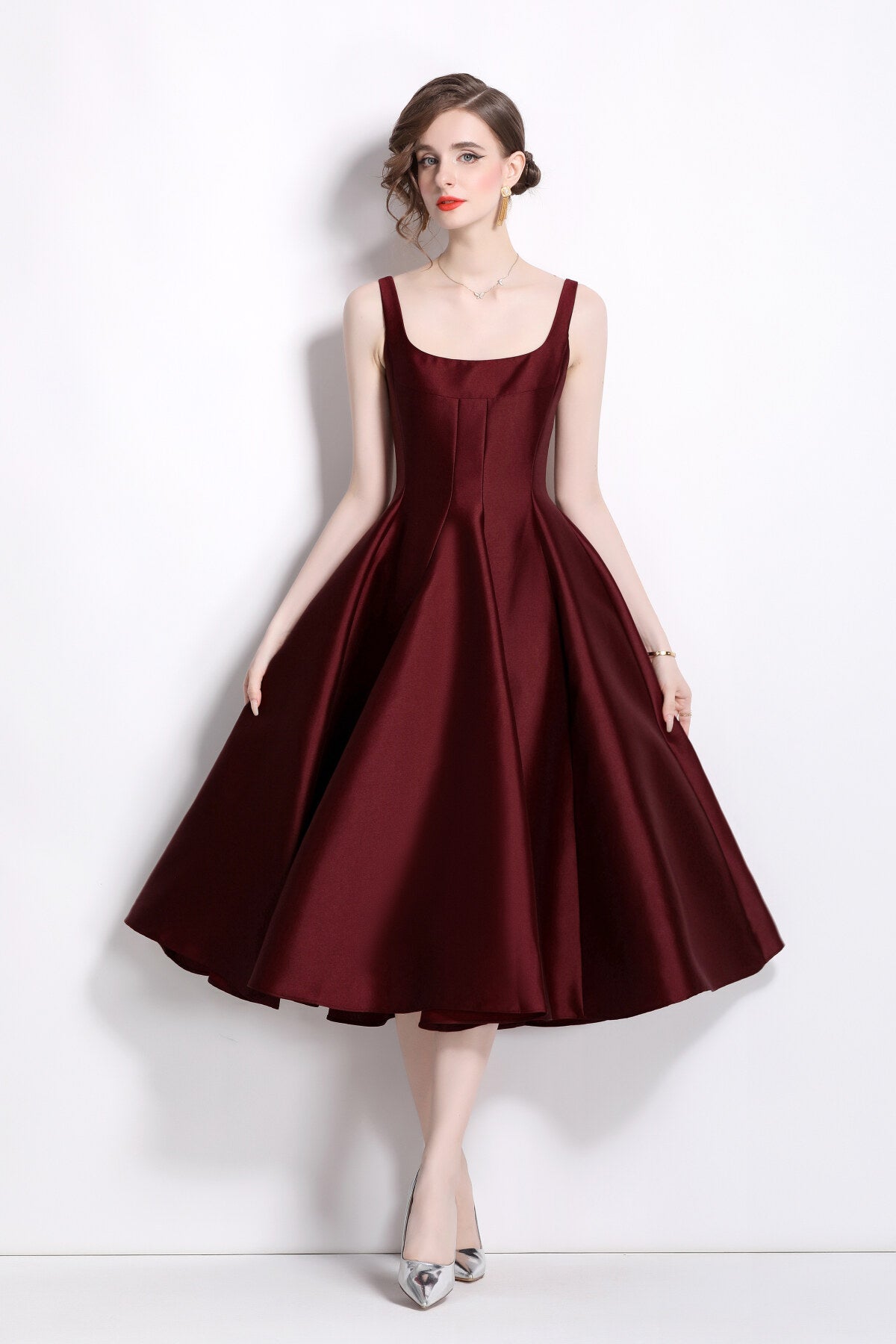 Spaghetti Strap Waist Cinching Maroon Cocktail Dress-2