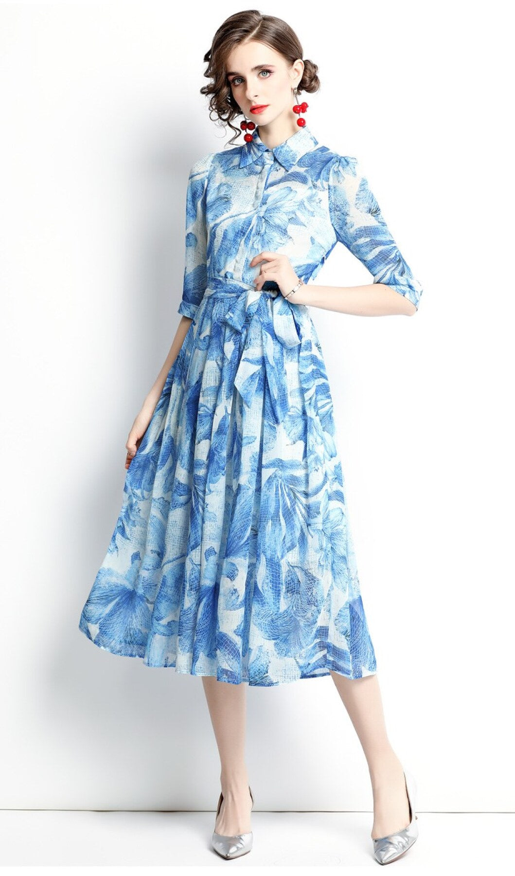 Spring Blue Floral Shirt Dress-2