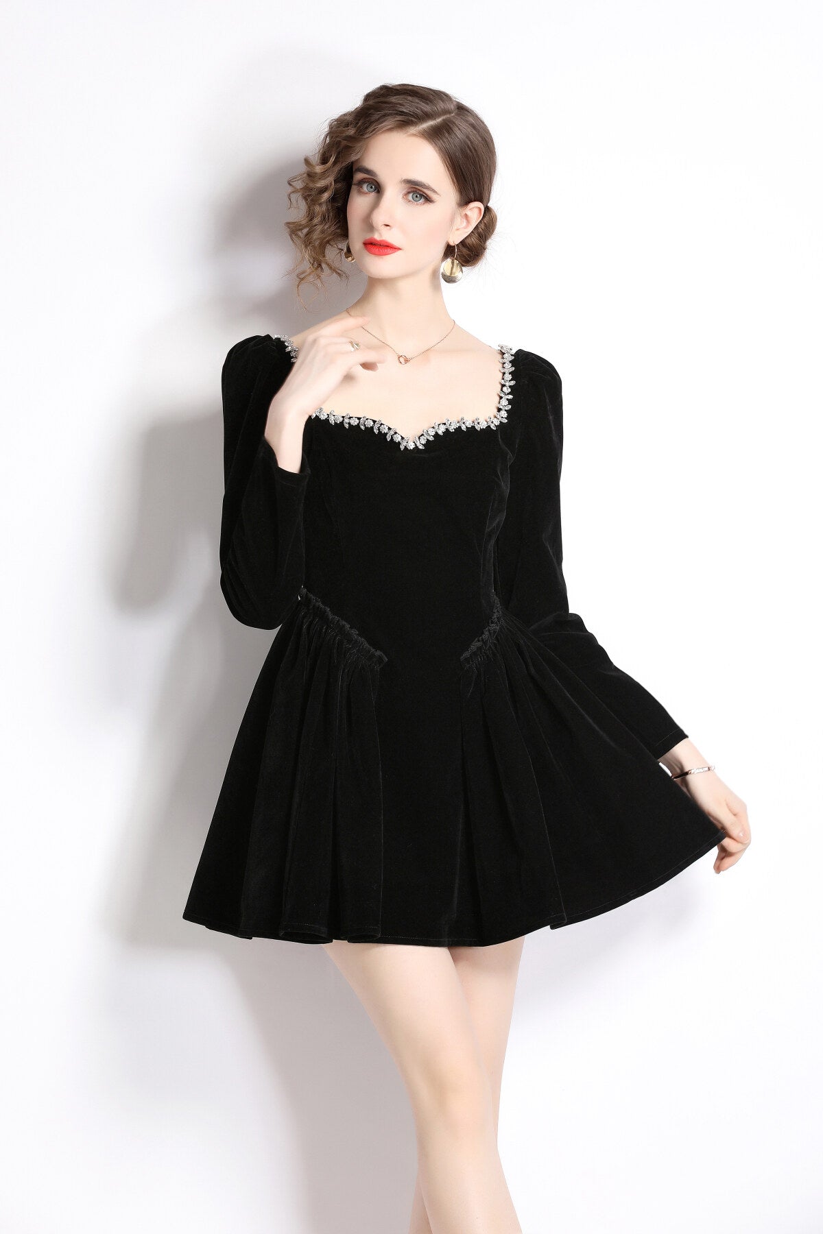 Square Neck Mid Waist Black Vintage Heavy Beaded Velvet Dress-2