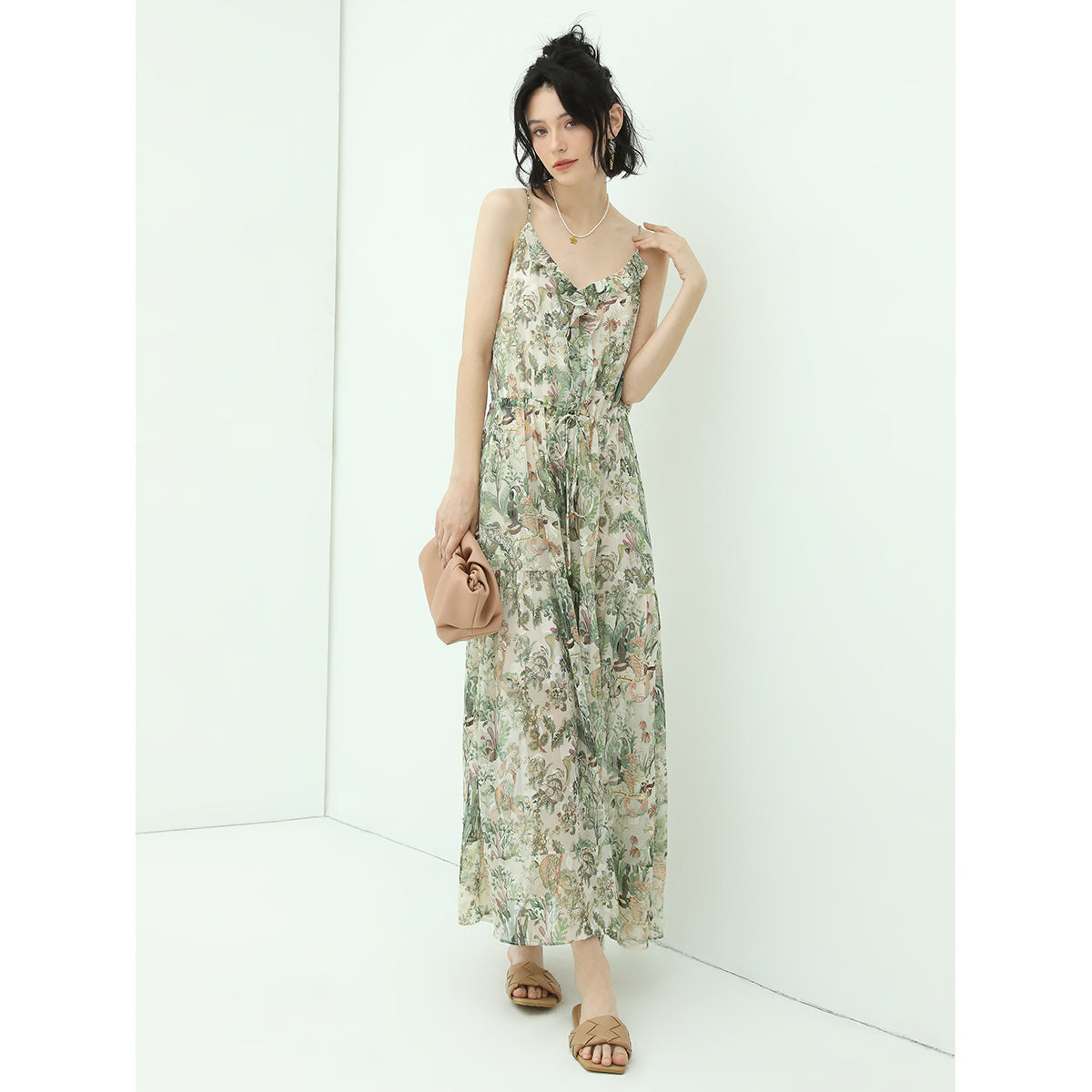 Strappy Floral Green Chiffon Maxi Dress-0