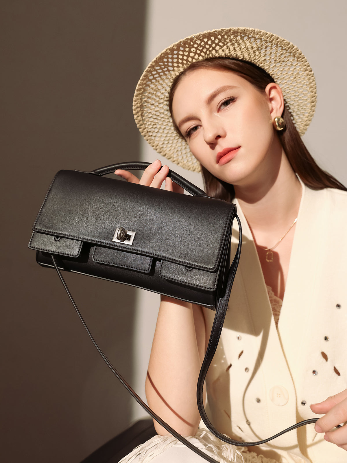 Structured Black Rectangular Satchel Clutch Bag-3