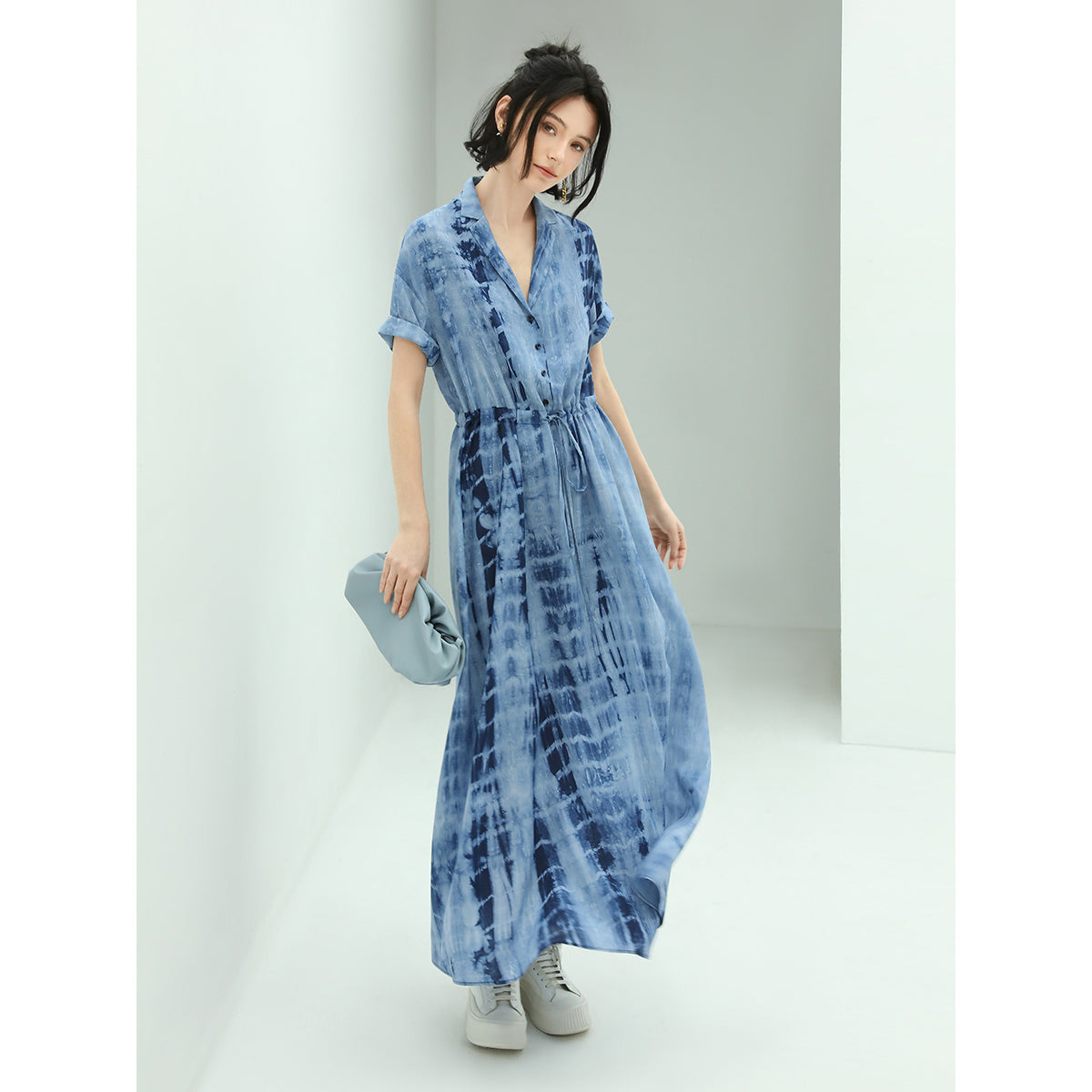 Summery Tie Dye Flowy Blue Shirt Dress-2