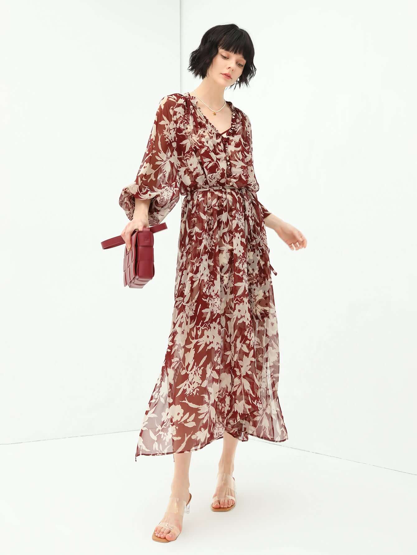 Two-Piece Chiffon Wine Floral Dress Set-2