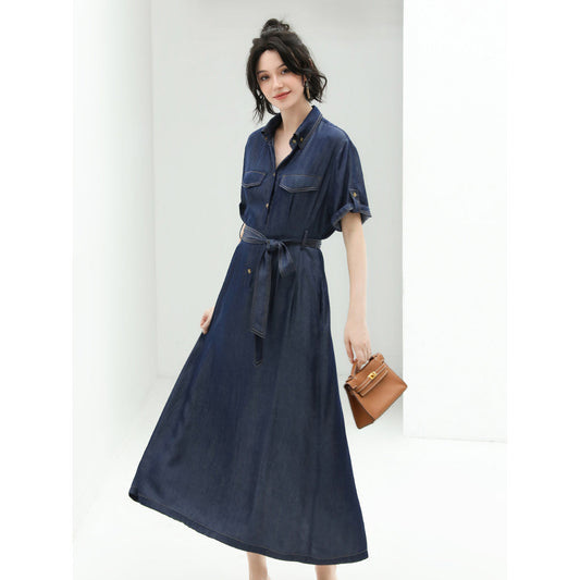 Utilitarian Belted Crêpe Navy Denim Shirt Dress-0