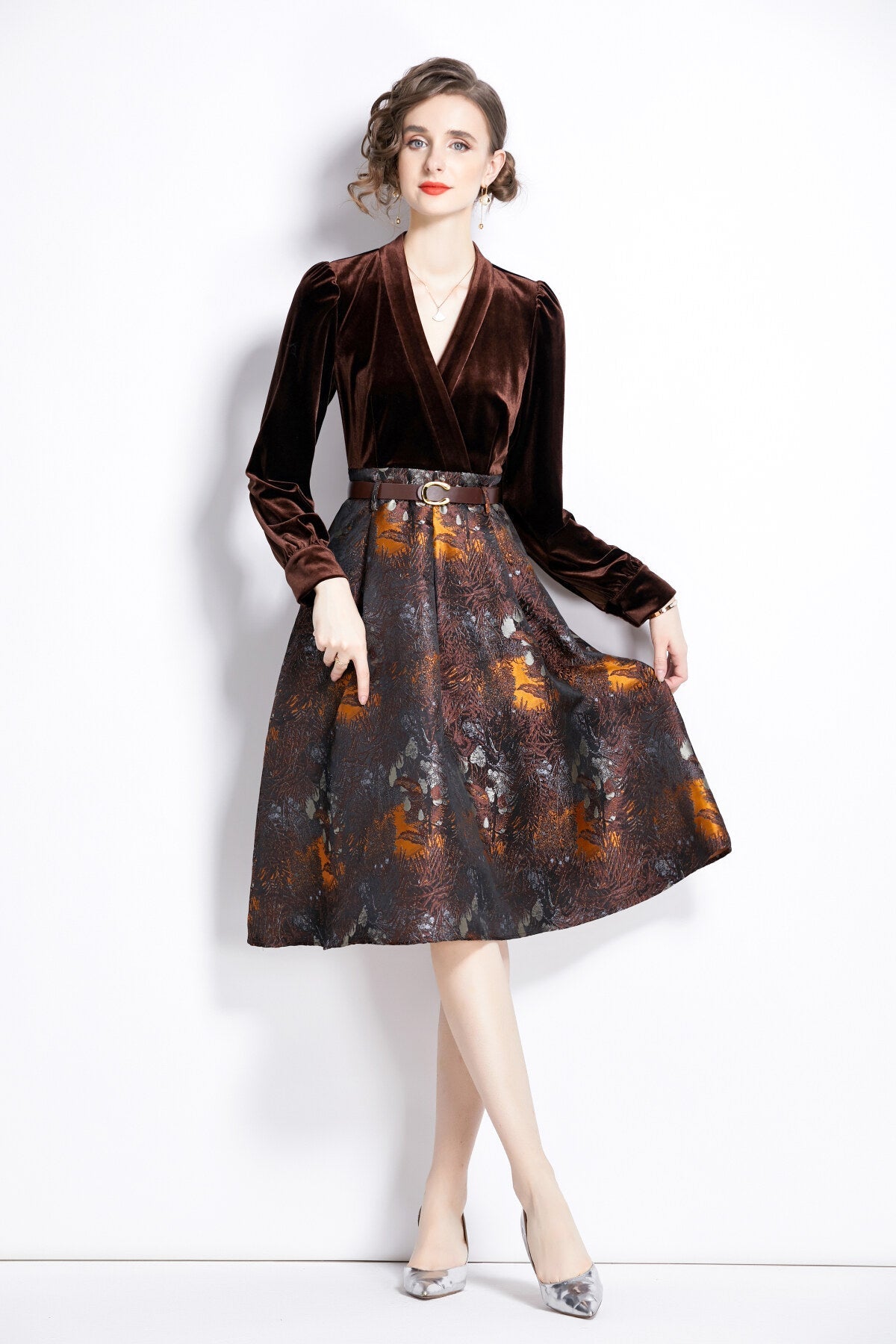 V Neck Velvet Patchwork Coffee Jacquard A Line Dress-2