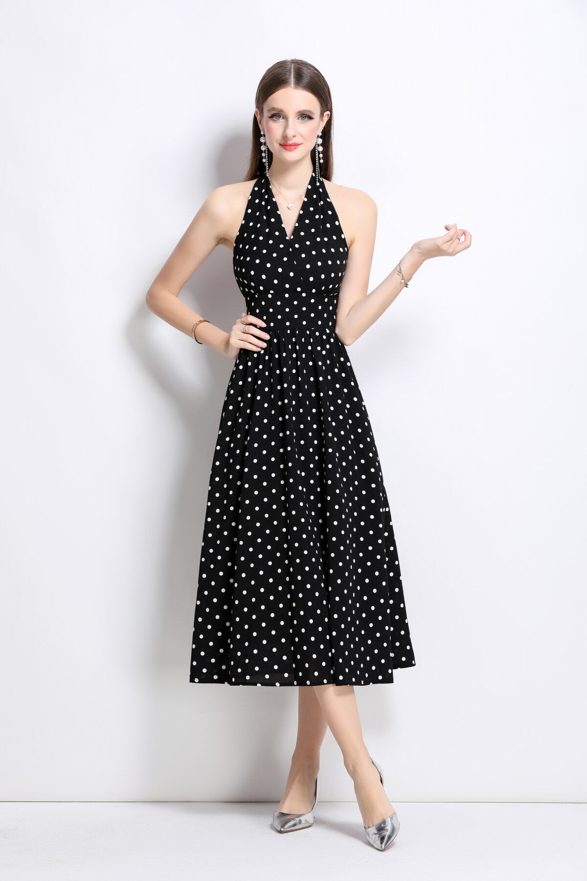 Vintage Halter Polka Dot Sleeveless Fitted Maxi Dress-0