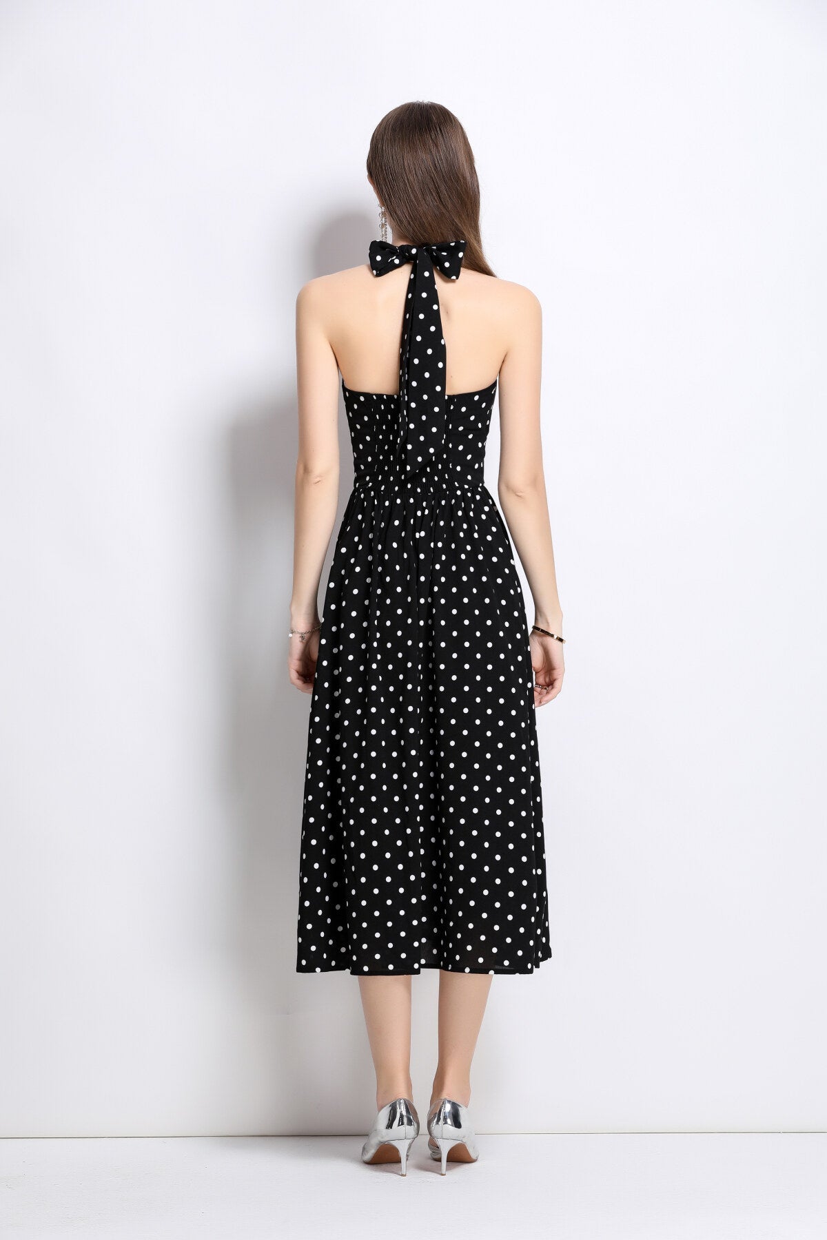 Vintage Halter Polka Dot Sleeveless Fitted Maxi Dress-3