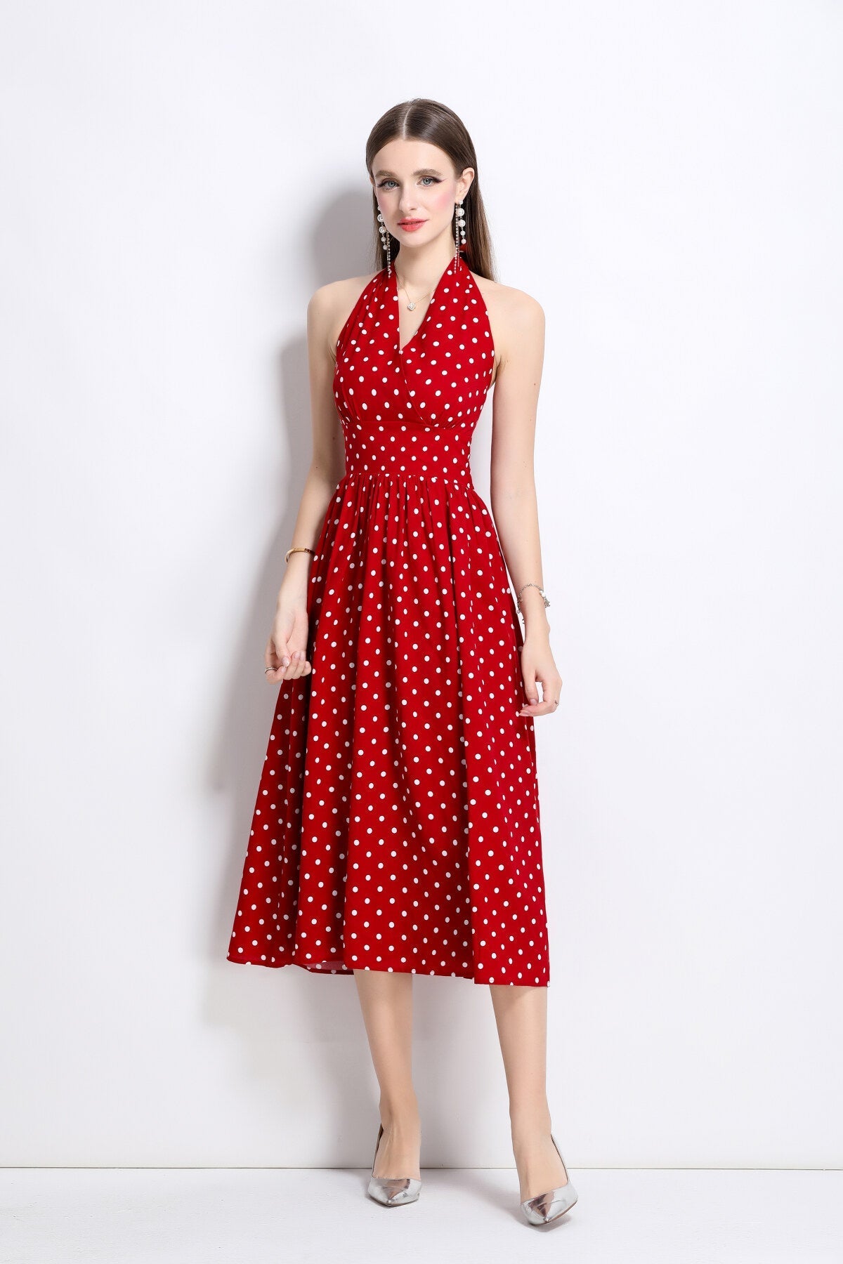 Vintage Halter Polka Dot Sleeveless Fitted Maxi Dress-4