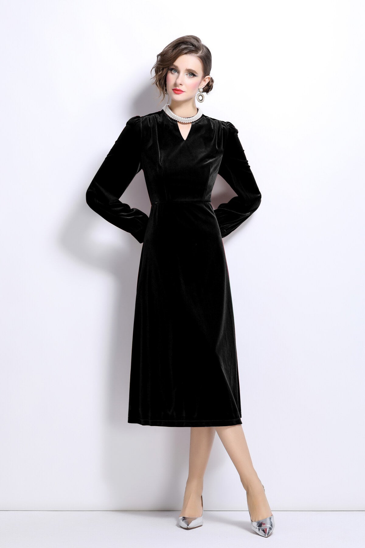 Vintage Pinhole Long Sleeve Velvet Gown-2