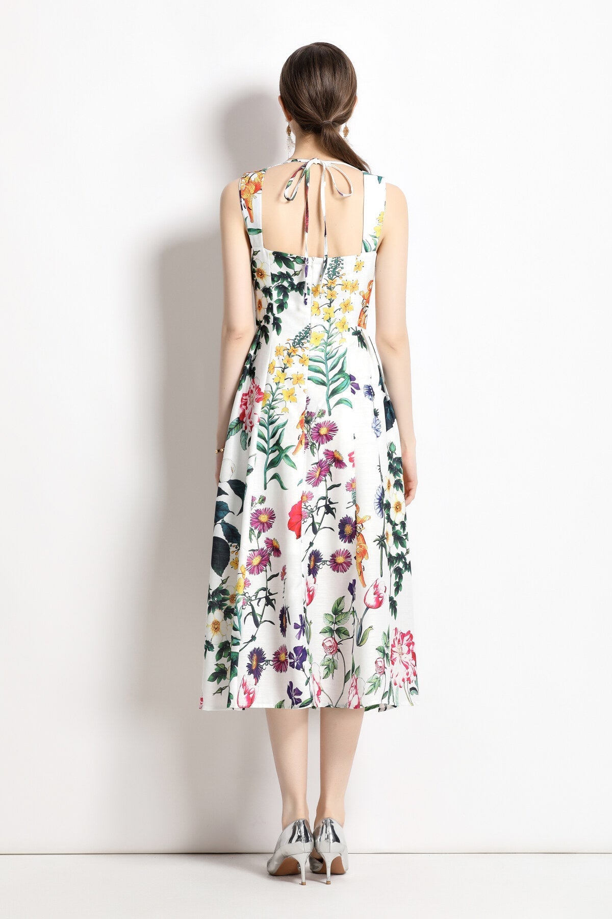 Vintage White Floral High Waisted Thick Strap Dress-3