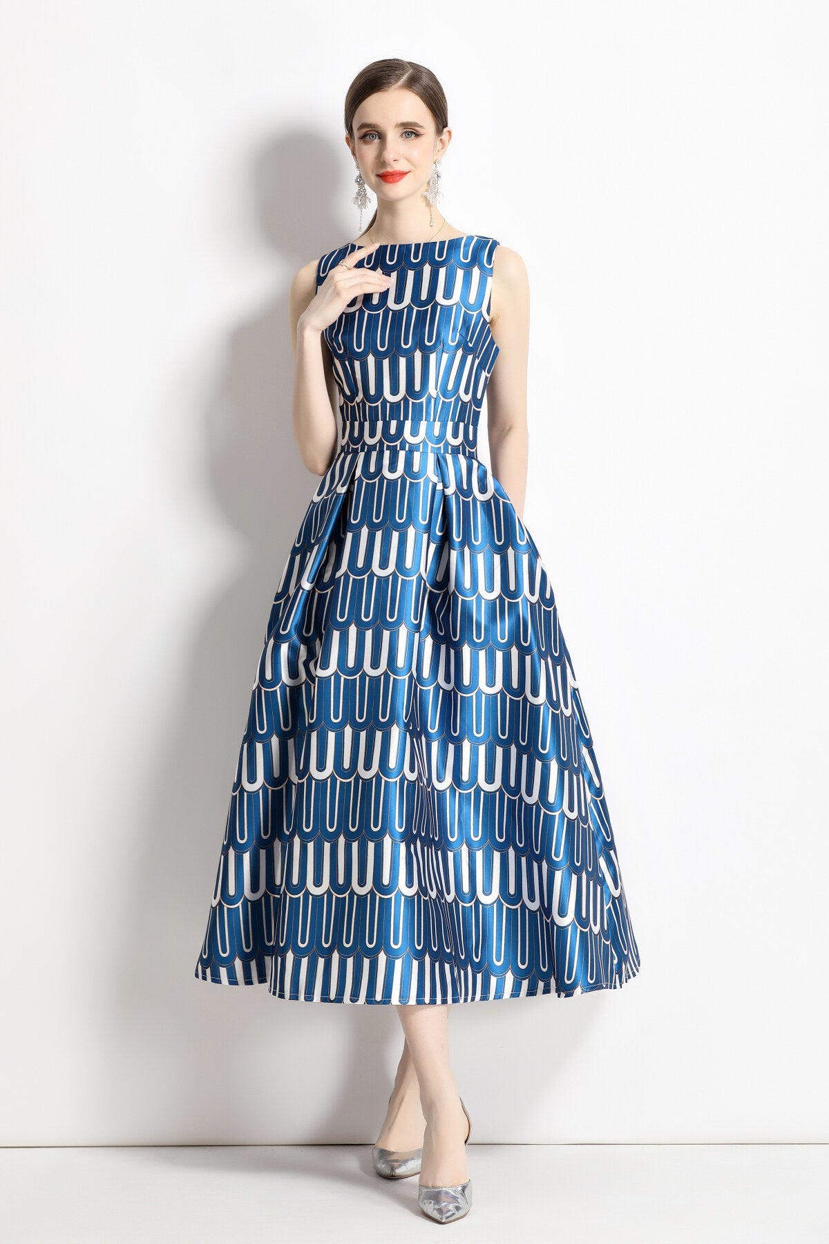 White and Blue Slim Fit A Line Tea Dress-1