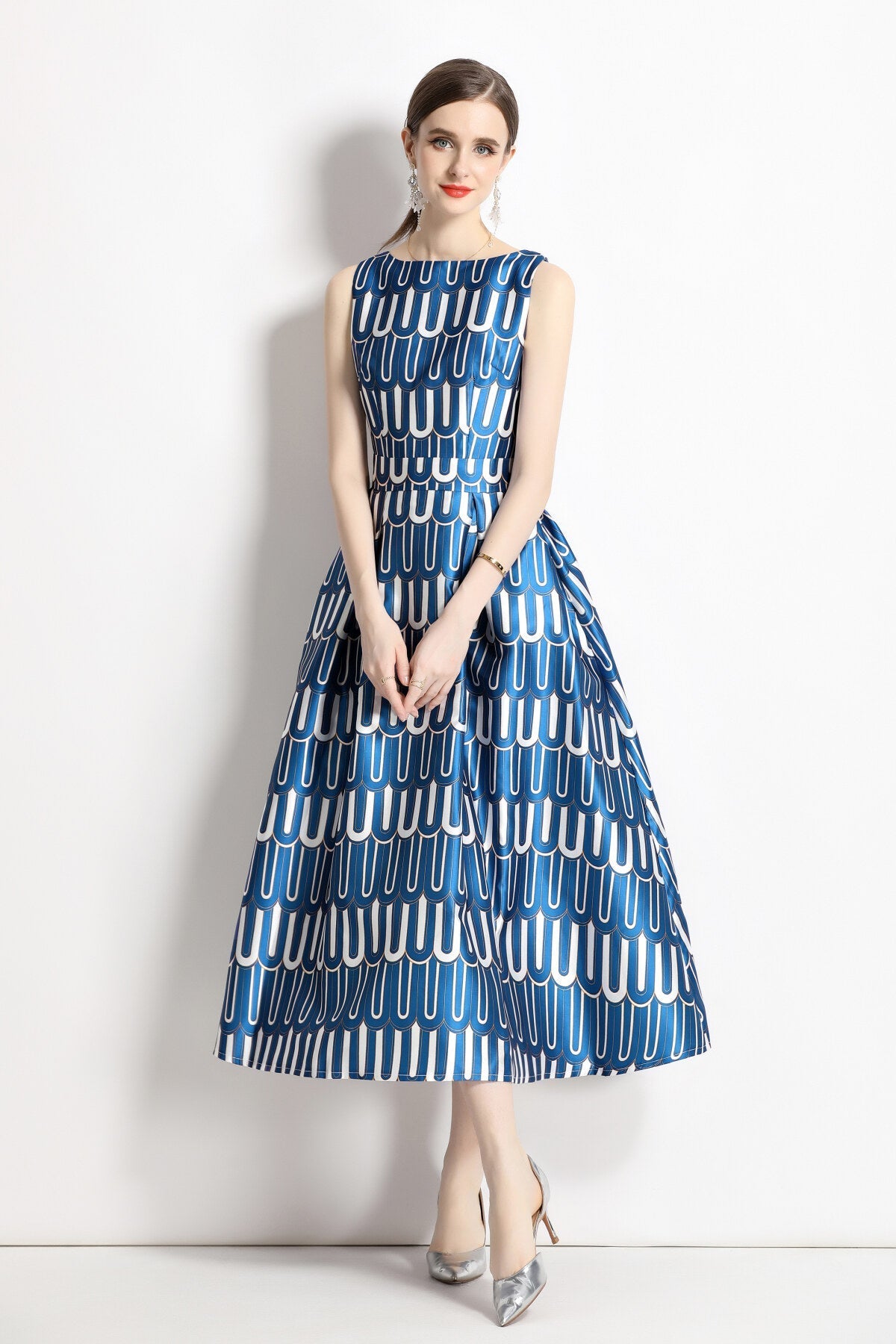 White and Blue Slim Fit A Line Tea Dress-2