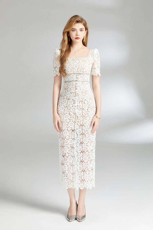 White Floral Lace Cut Out Dress-0