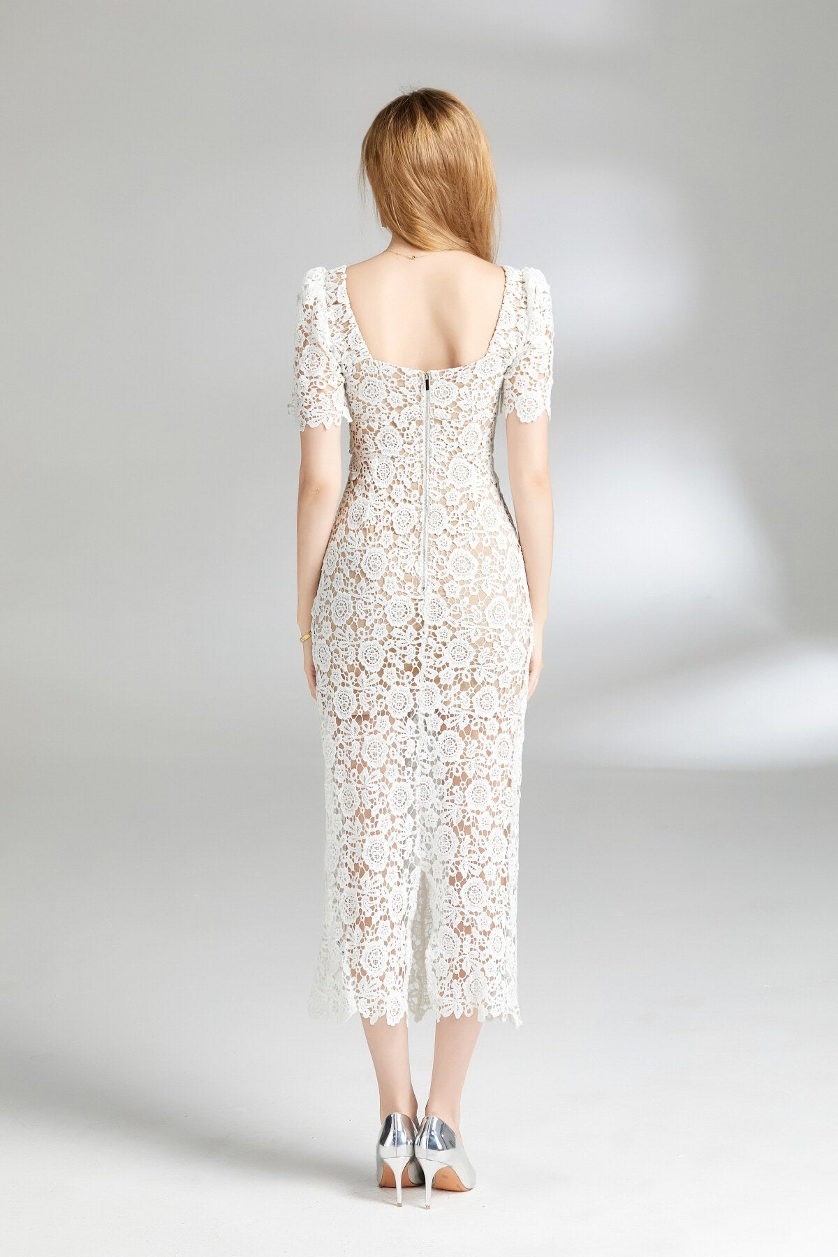 White Floral Lace Cut Out Dress-3