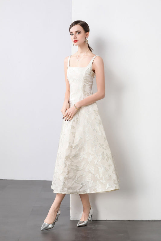 White Jacquard Square Neck Balletcore Wedding Dress-1