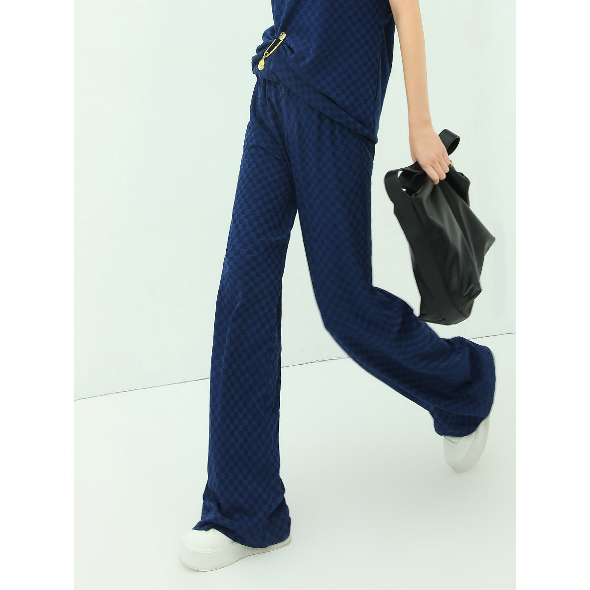 Wide Leg Checked Blue Knitted Pants-0